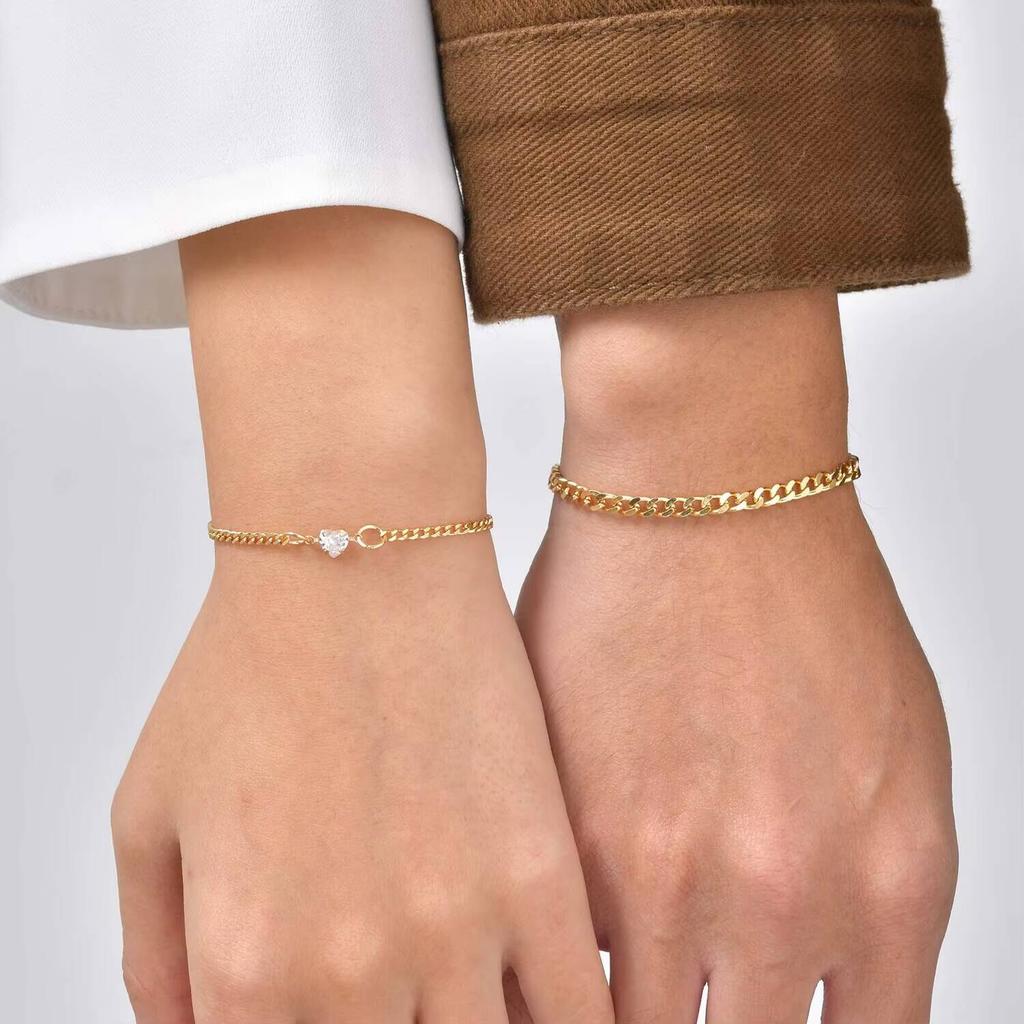Vnox Adjustable Couple Bracelets Set with Card, Stainless Steel Heart Zircon for Women, Gold Color Bracelet Valentine's Day Gift