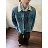 Mens Washed Corduroy Collar Denim Jacket Loose Fit Vintage Workwear Casual Outerwear