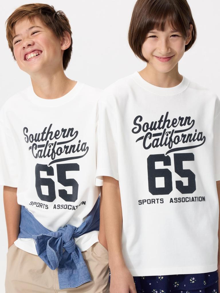 Uniqlo 483414 Хлопковая футболка с графическим принтом AIRism, с круглым вырезом, OFF WHITE, для детей, Япония
