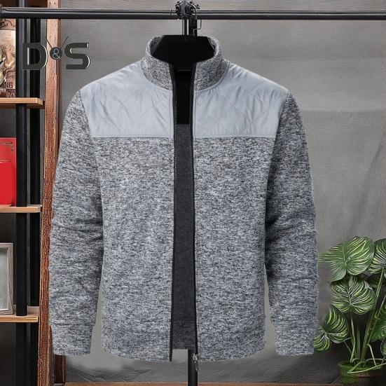 Осень-зима мужская куртка трикотажная пэчворк застежка-молния воротник стойка кардиган длинные рукава средней длины приталенный крой термопальто