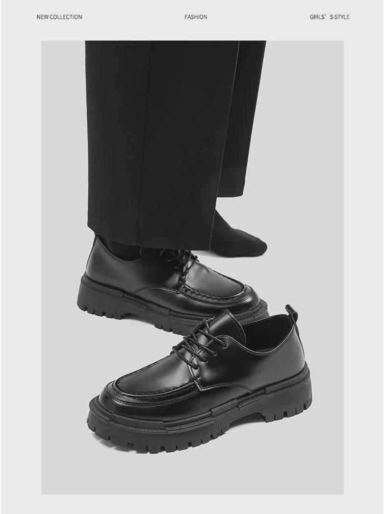 Мужские повседневные черные кожаные туфли - осенний британский стиль, толстая подошва, утонченный дизайн, модная обувь для колледжа