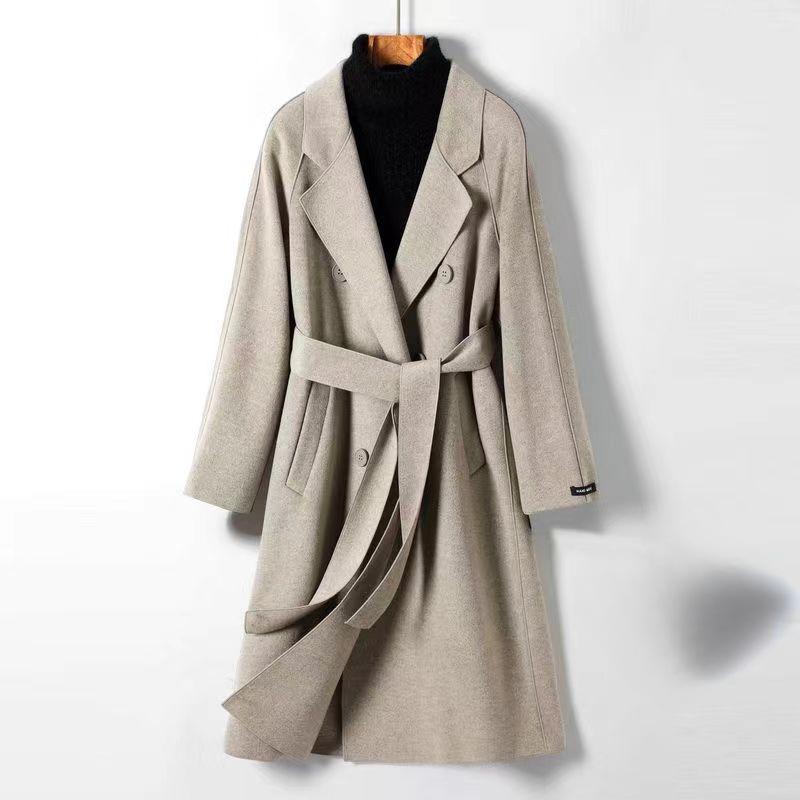 Теплое и модное однотонное шерстяное пальто для женщин с поясом на осень и зиму