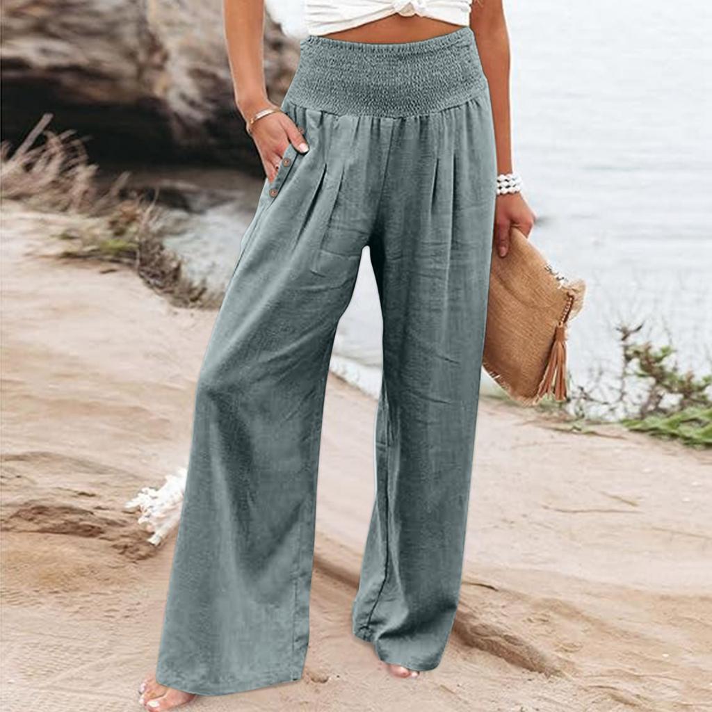 Summer Cotton Linen Wide Leg Pants Women Loose Palazzo Pant Pocket Elastic Waist Button Casual Pants