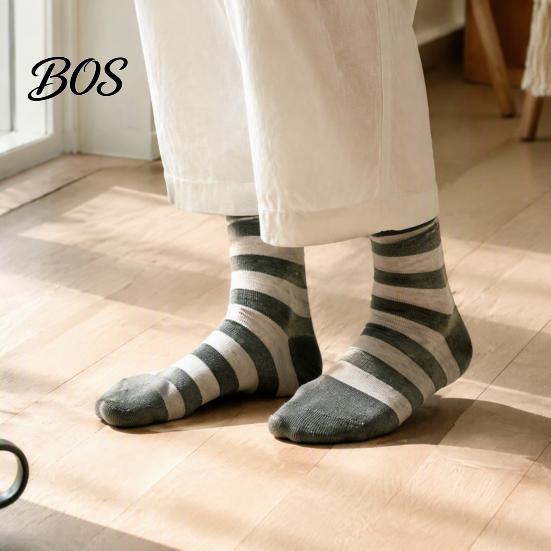 Essential Basic Trouser Socks 1 Pair Men's Stripe Crew Socks, Mid-Calf Dress for Business, Comfortable Business Casual Breathable Cotton with