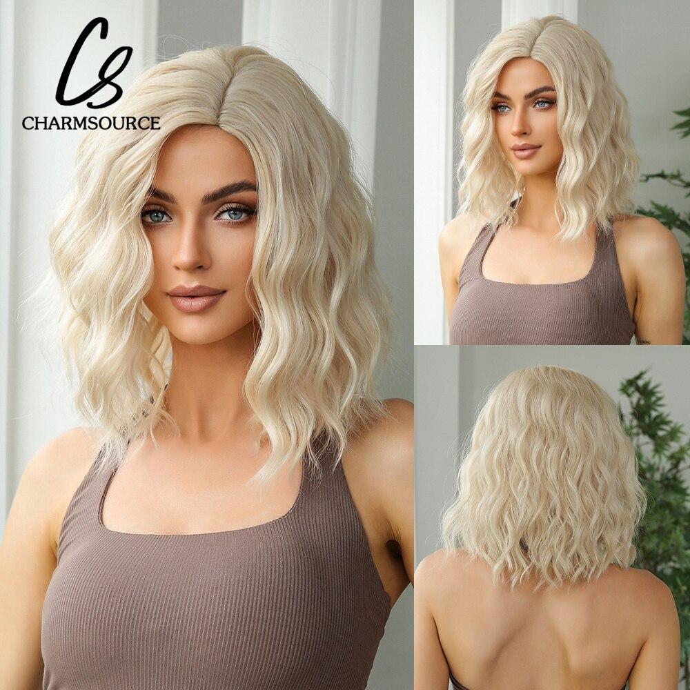 Purple Short Bob Wave Synthetic Wigs with Bangs For Women Cosplay Ombre Light Purple Daily Cosplay Party Heat Resistant Hair