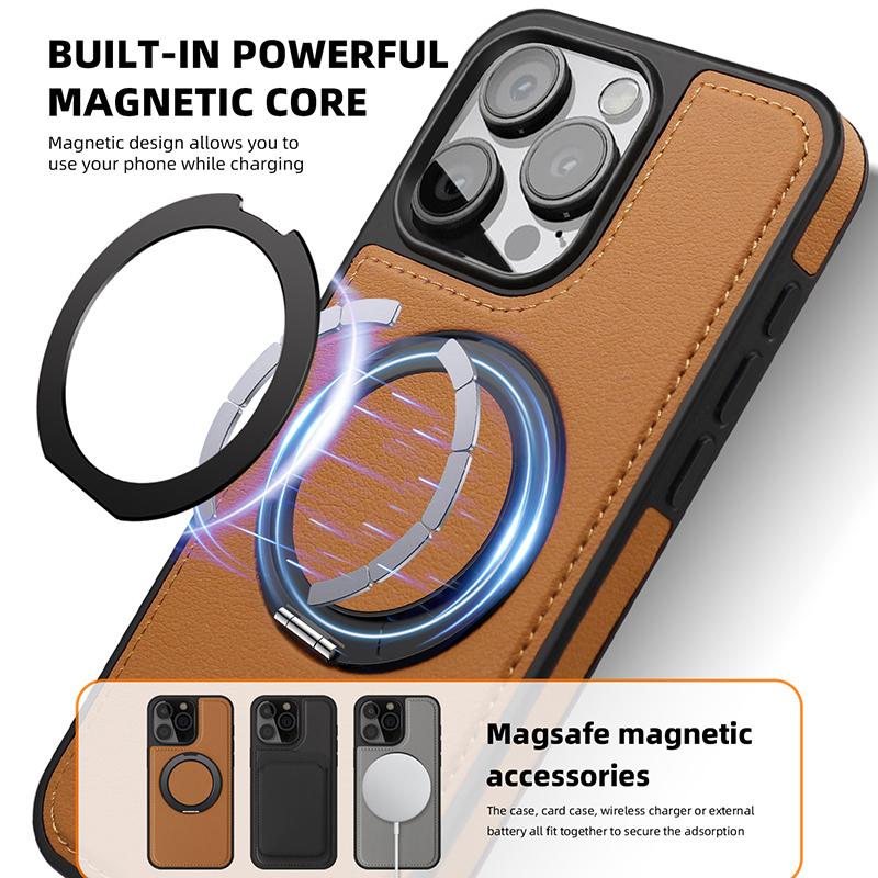 Деловой кожаный вращающийся кронштейн Чехол для телефона для iPhone 17 16 15 14 13 12 11 Pro Max Plus Magsafe Магнитное кольцо Подставка Держатель Чехол