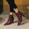 Vintage Mature Women Ankle Boots Pointed Toe High-heeled Lace-Up Genuine Leather Shoes Woman 2024 New Autumn Winter Office Dress