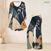 Women Plus Size Round Neck Three Quarter Sleeve Blue Printed Flared Top And Flared Pants Two Piece Set