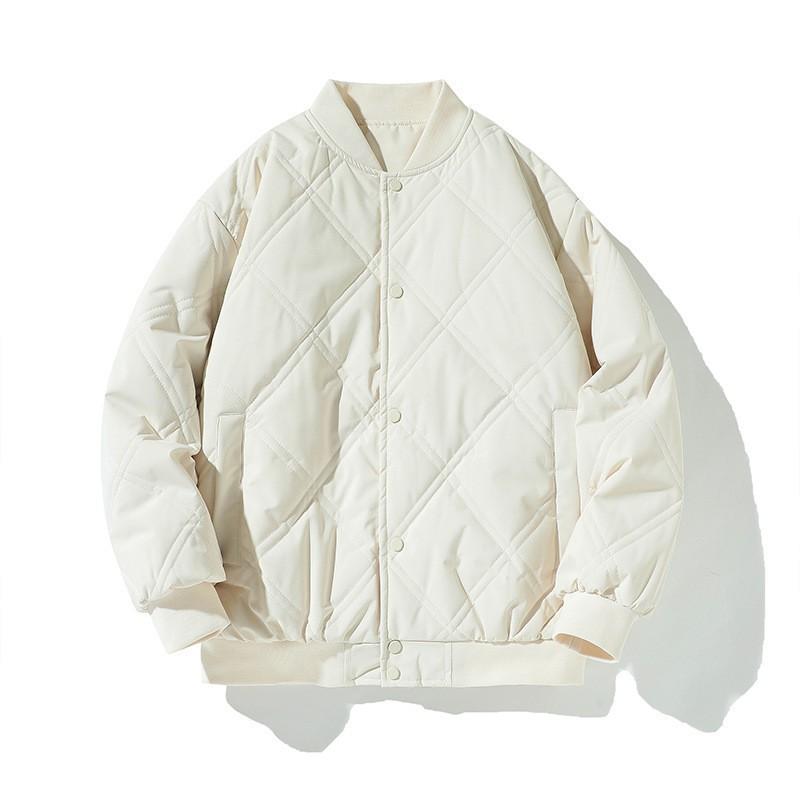 Mens Warm Thickened Cotton Puffer Jacket Loose Fit Solid Color Baseball Style Casual Outerwear Winter