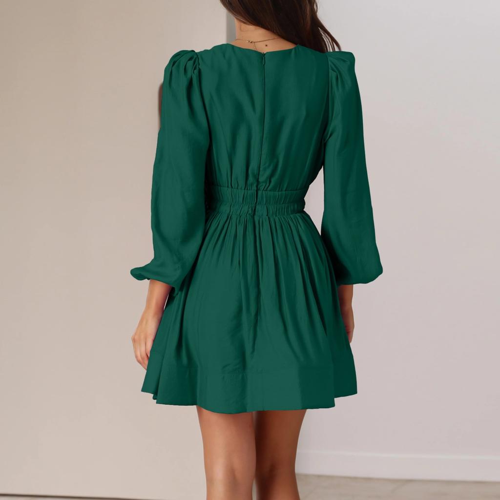 GMXIA Осеннее платье Женское платье с V-образным вырезом Юбка в складку Платье с баской