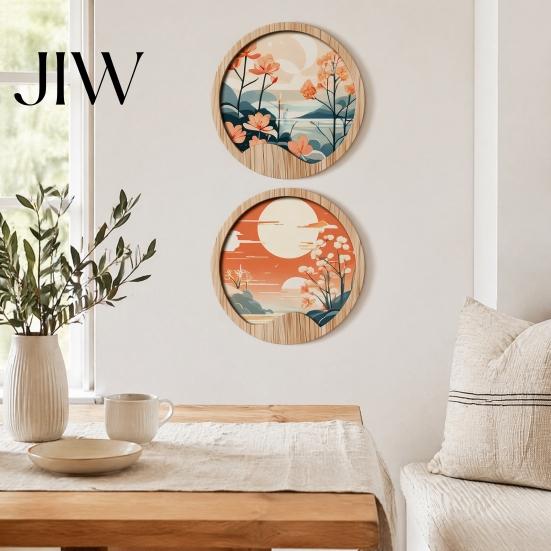 Artistic Wall Hanging Set Nordic Wooden Art Sign, Round Botanical Landscape Decor for Living Interior Decoration Rental Homes Room Bedroom,