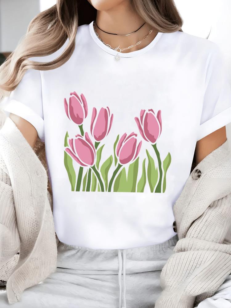 (Asian Size) Print Short Sleeve T-shirts Flower Style 90s Fashion O-neck Female Casual Women's Top T Clothing Graphic Tee