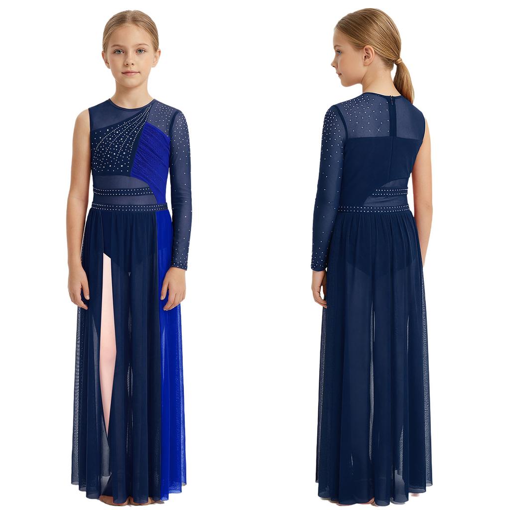 Kids Girls Dance Competition Dress: Color Block Patchwork Side Split Mesh with Shiny Rhinestones & Back Invisible Zipper for Lyrical Performance