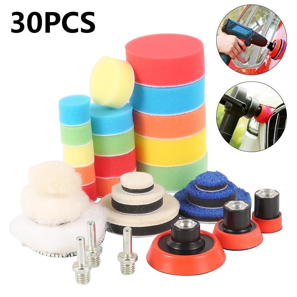 30pcs Car Waxing Buffing Pads Foam Drill Polishing Pad 1/2/3 Inch Circle Buffing Pad Tool Kit Auto Drill Polisher Sponge Set