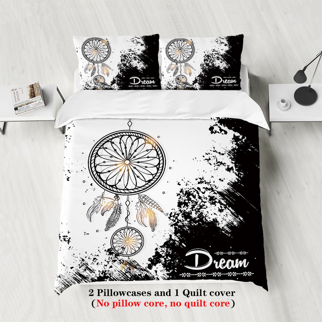 3-piece Set, Black and White Dream Catcher Pattern Printed Bedding Set, Queen, King, Double Bed, for Bedroom, Guestroom, Hotel