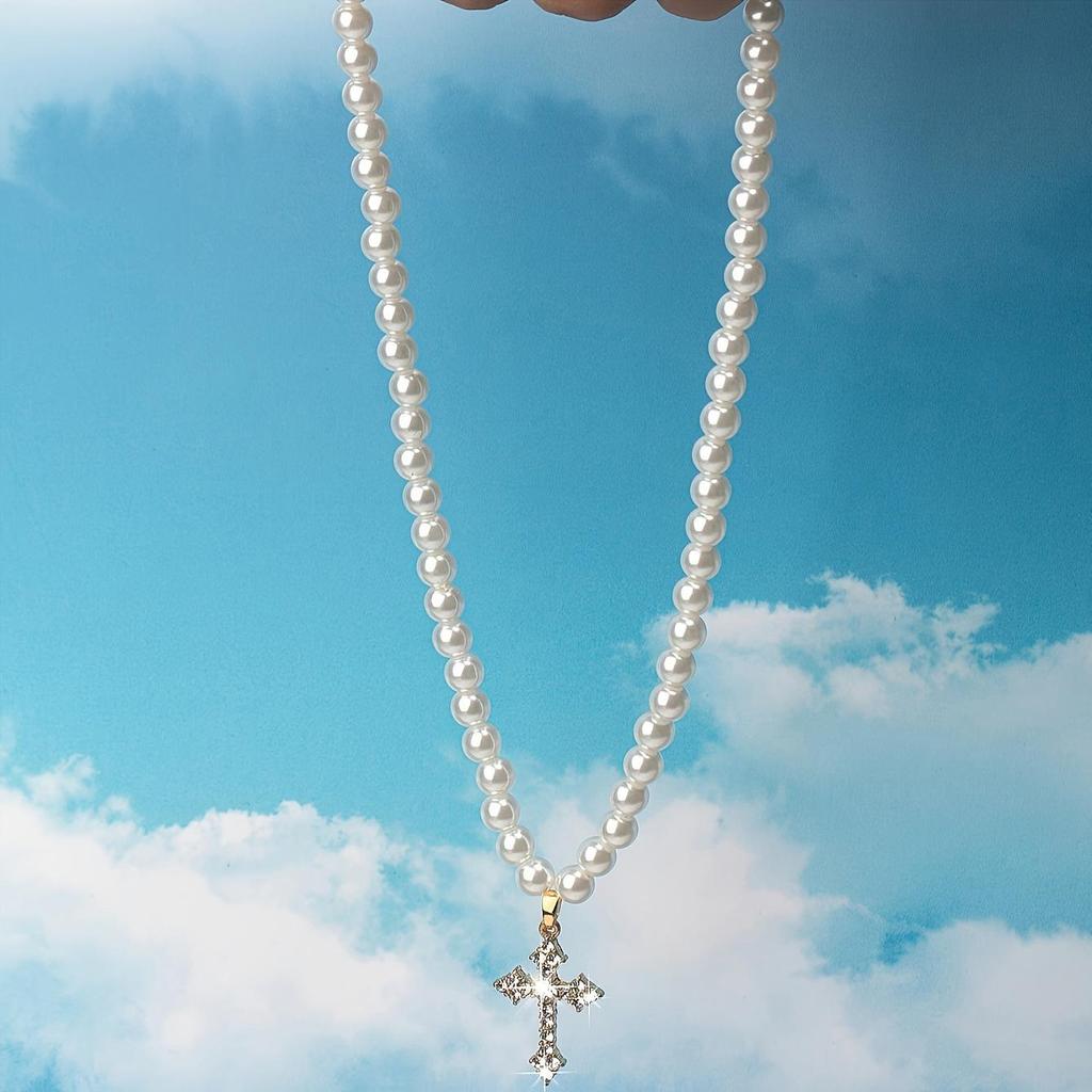 Модное европейско-американское ожерелье-чокер с подвеской в виде креста из стразов и жемчуга