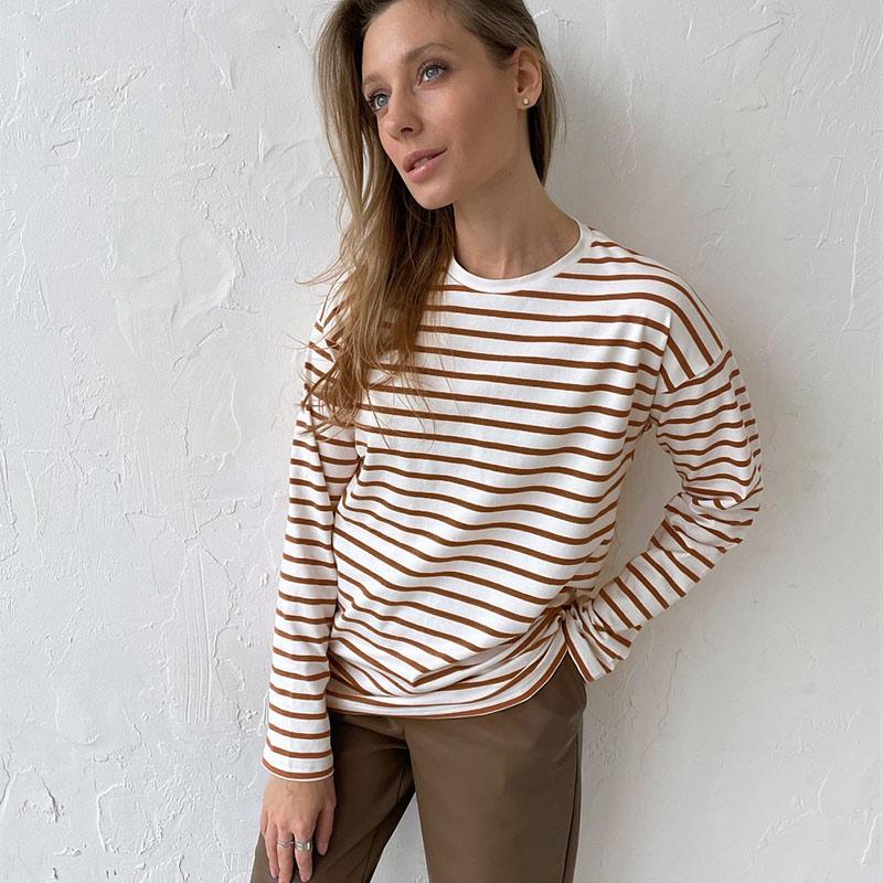 Уютные свободные футболки с длинным рукавом в полоску для женщин, осенние базовые повседневные хлопковые топы с круглым вырезом, блузка в уличном стиле