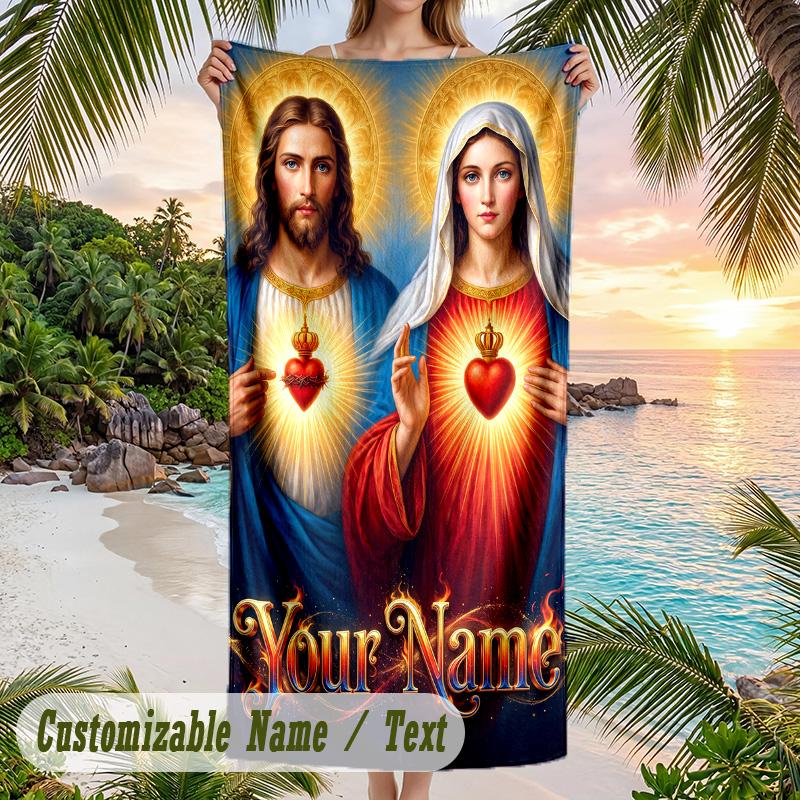 Virgin Mary Theme Beach Towel Personalized Custom Name & Text Soft Quick Dry Beach Towel for Swimming Travel