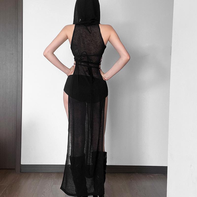 AltGoth Coquette Dark Gothic Сексуальное Платье Женское Винтажное Y2k Cyberpunk Прозрачное Трикотажное Платье с Вырезом И Разрезом С Высокой Талией И Капюшоном