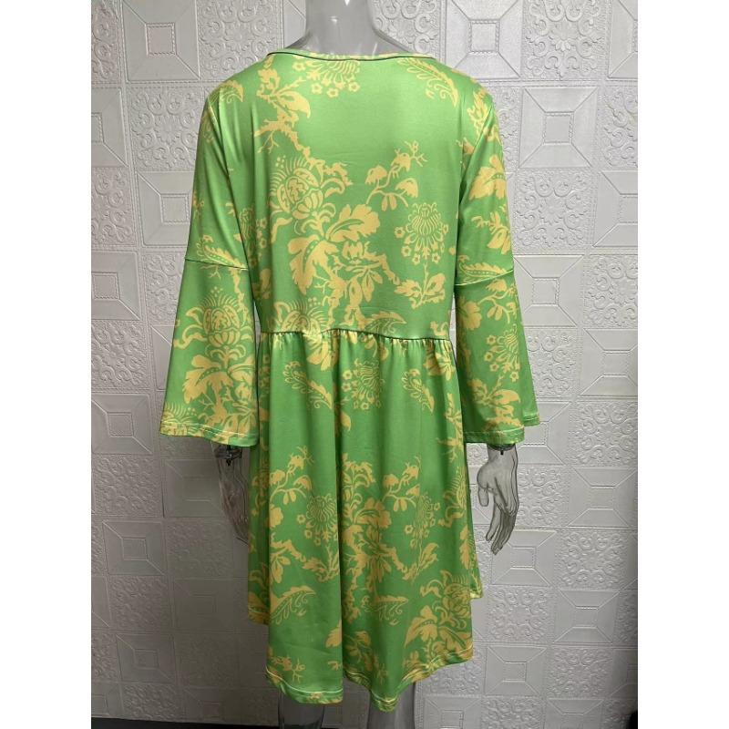 Весна Осень Элегантный Пригородный Круглый Вырез Печати Семь Рукавов Большого Размера Платье Для Женщин