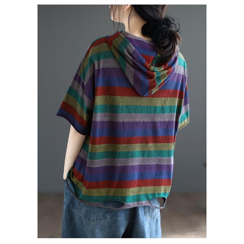 Литературная Ретро Полосатая Футболка с Коротким Рукавом Женская Летняя Свободная Уменьшающая Возраст Худящая Тетя Худи Женское