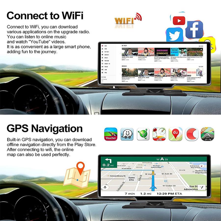 10,26-дюймовый автомобильный видеорегистратор 4G WiFi GPS-навигация Панель приборов Двойная камера Android 12 Автомобильный видеорегистратор 1080P Зеркало заднего вида Видеорегистратор