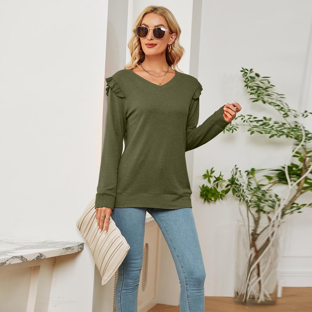 GMXIA Женские модные повседневные осенне-зимние однотонные блузки и рубашки с длинным рукавом и v-образным вырезом с принтом