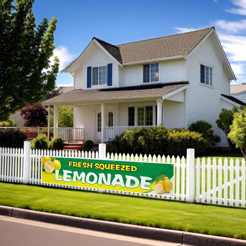 2 x 10 ft Lemonade Sign Vinyl Banner Fresh Squeezed Lemonade Stand Supplies Lemon Flag for Indoor Outdoor Business Restaurant Advertising Banner