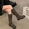 Винтажные плиссированные женские сапоги до колена обувь весна осень элегантные женские на низком каблуке рыцарские боты