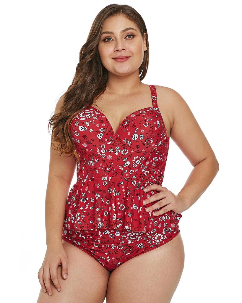 Azura Exchange Red Print Moulded Cups Peplum Plus Size Bikini
