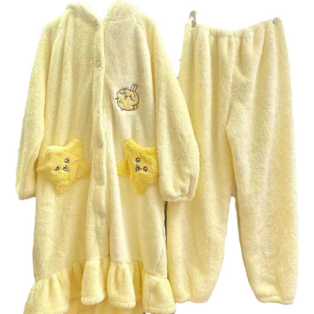 Женский коралловый флисовый мультяшный пижамный и банный фланелевый комплект Usagi