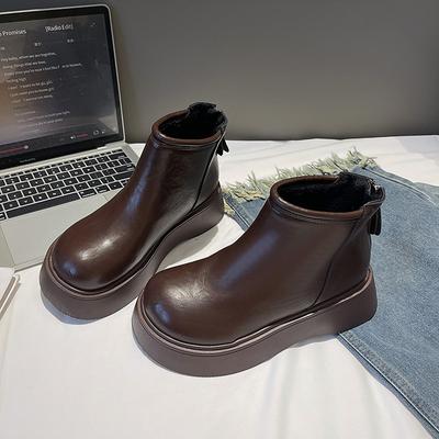 Зимние Новые Хлопковые Ботинки на Танкетке Женская Мода Круглый Носок Глубокий Вырез Задняя Молния Толстая Подошва Нескользящие Короткие Ботинки