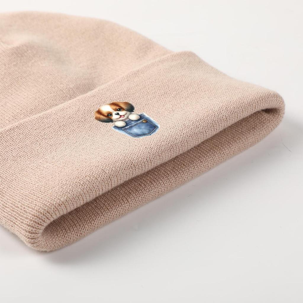 Cartoon Dog Pocket Warm Knitted Cap Beanie, Animal Woman Cap Cozy Candy Color Solid Color Pompom Beanies Knit Hat Beanie