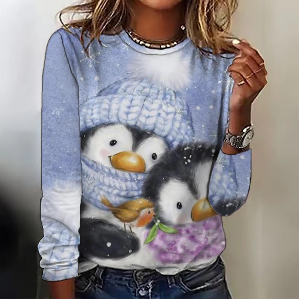 Летний топ с круглым вырезом и 3D рождественским принтом, модные и повседневные женские футболки с длинными рукавами