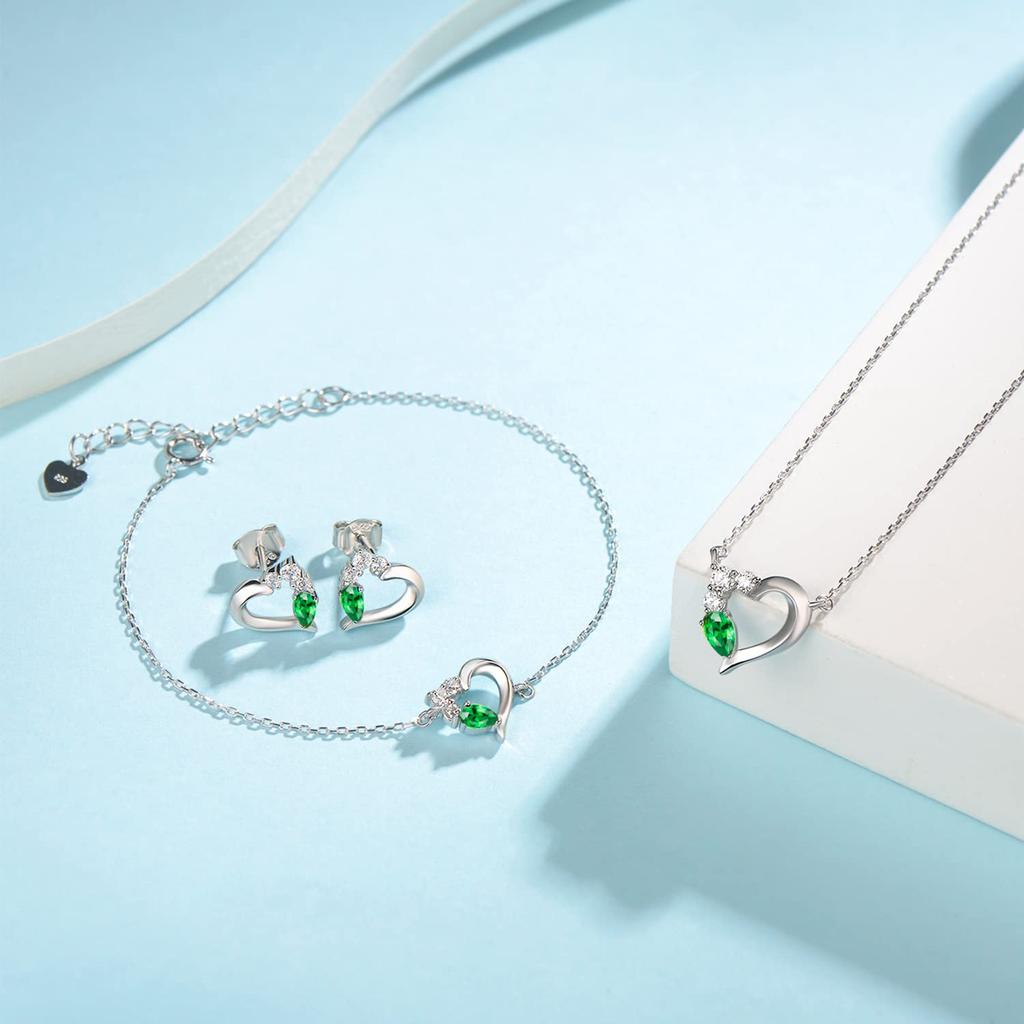 Necklace Emerald May Birthstone Heart Necklace Platinum Finish Silver Popular Accessory Birthday Christmas White Day Present Beautifully Wrapped