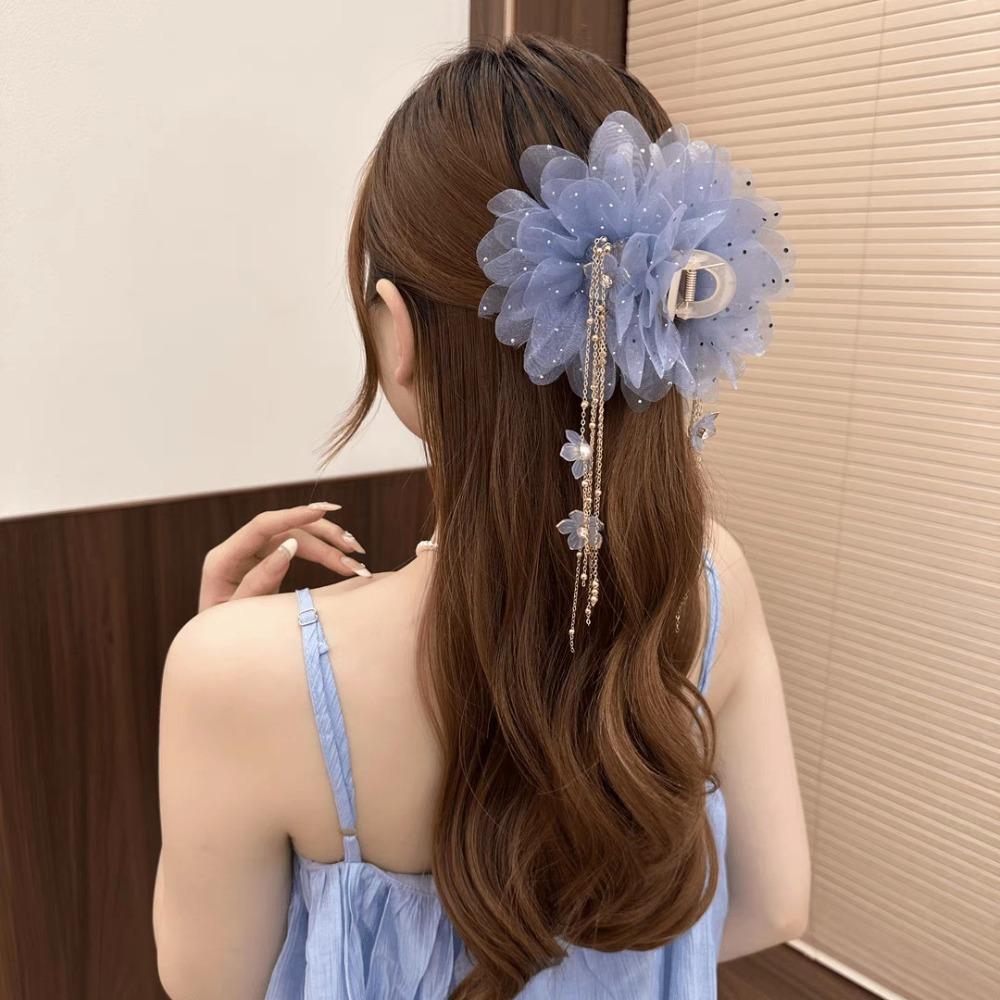 Peony Flower Shark Clip Mesh Hair Clip Fashion Grasping Clip Hair Accessories