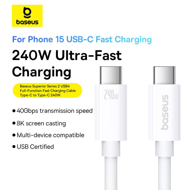 Baseus Elite USB-C Cable: 240W Power, 8K 60Hz Video Transfer, 1M Length, White - Superior Charging & Data Sync