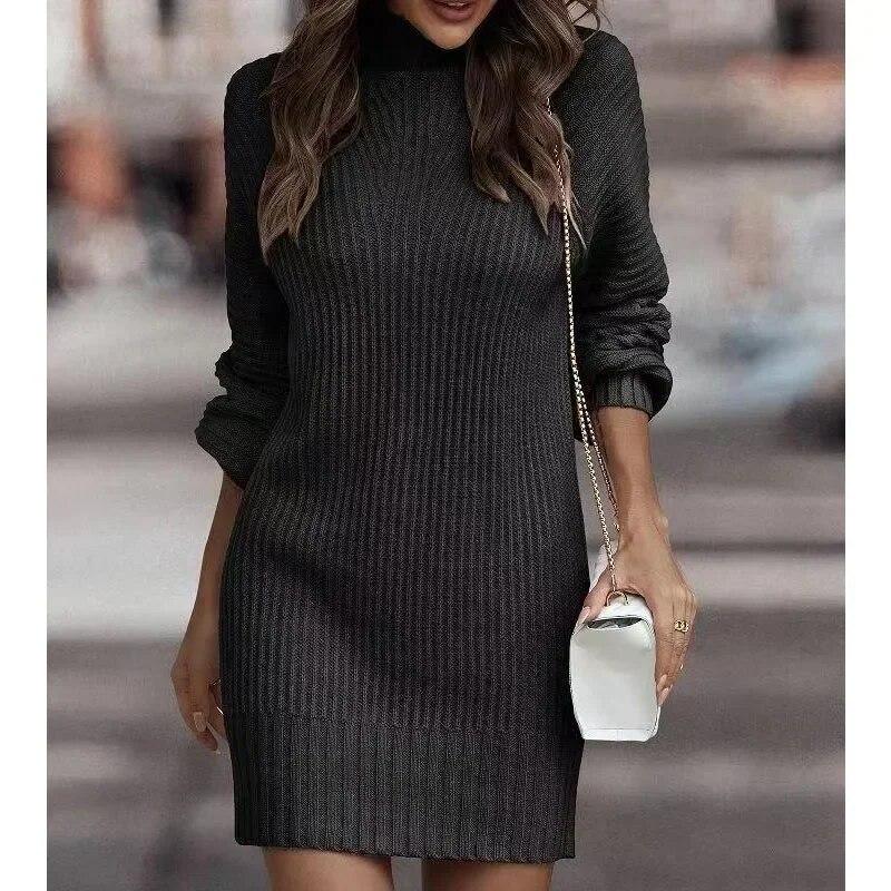 Casual Solid Turtleneck Sweater Dress Winter Knitted Long Sleeve Knitwear Dress Fashion Office-lady Clothing 29885