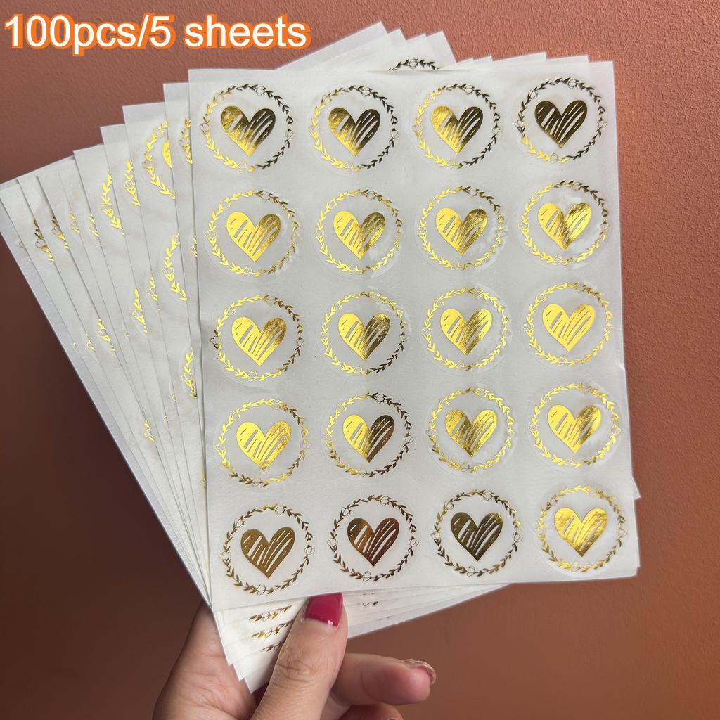 100pcs/5 Sheets Valentine's Day Heart-Shaped Adhesive Stickers - Elegant Self-Stick Seals for Wedding Invitations,Gift Wrapping
