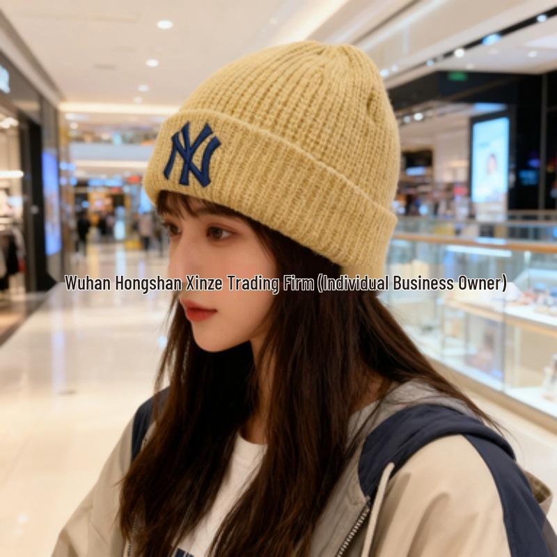 Корейская шерстяная унисекс вязаная шапка бини MLB - Вышивка логотипа NY, Теплая для осени и зимы, Стиль M0726