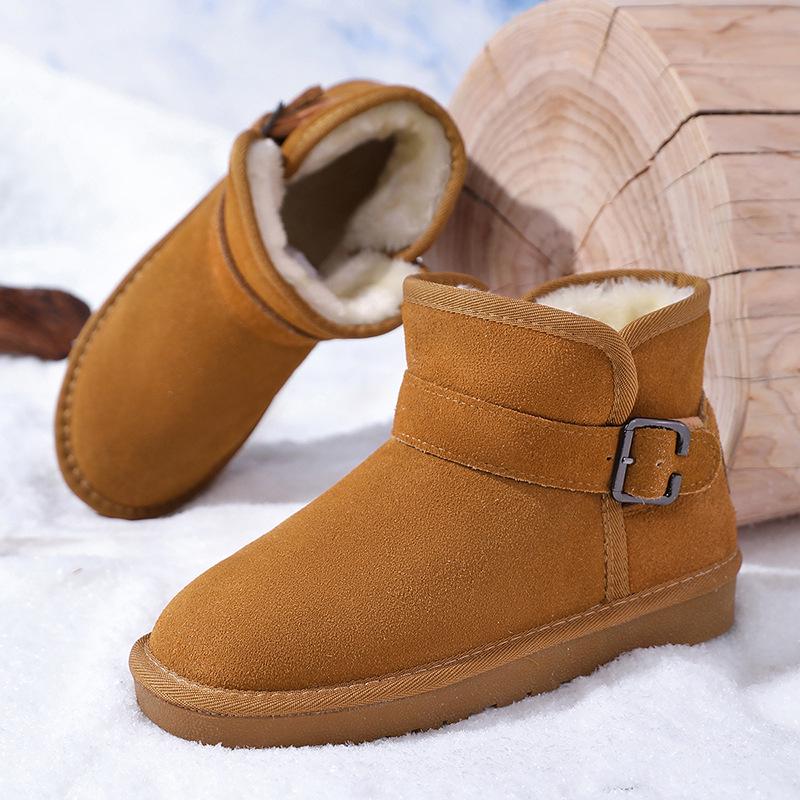 Ботинки из натуральной кожи с пряжкой - Мужские и женские зимние плюшевые подкладки, Нескользящие, Утепленные хлопковые слипоны.