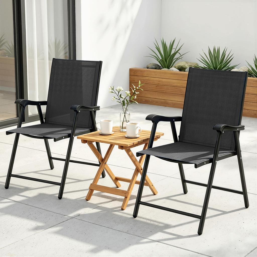 Folding Garden Chairs Set of 2, Foldable Garden Dining Chairs with High Back, Armrests, Texteline Seat, Black