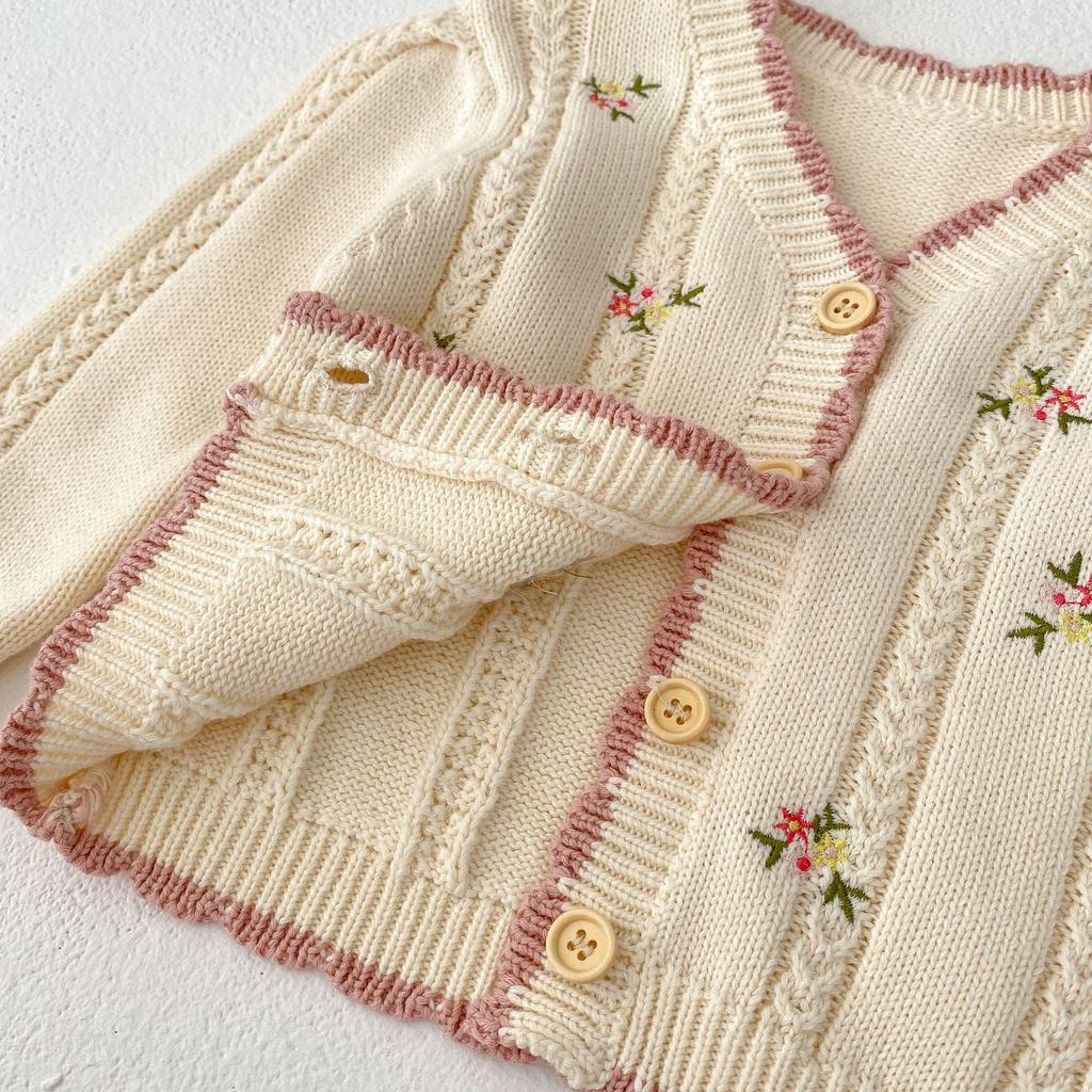 2025 Fall Versatile Baby Girl Embroidered Floral Cotton Knit Cardigan