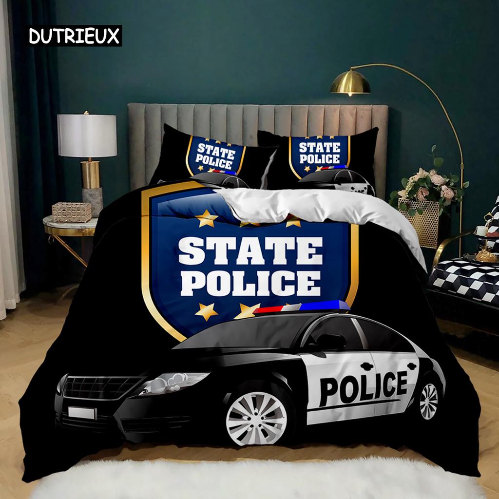 Пододеяльник с изображением полицейской машины, черный комплект постельного белья с изображением полицейской машины, чехол для одеяла с изображением мультяшного транспортного средства, красный чехол для пододеяльника с изображением полицейских огней из полиэстера