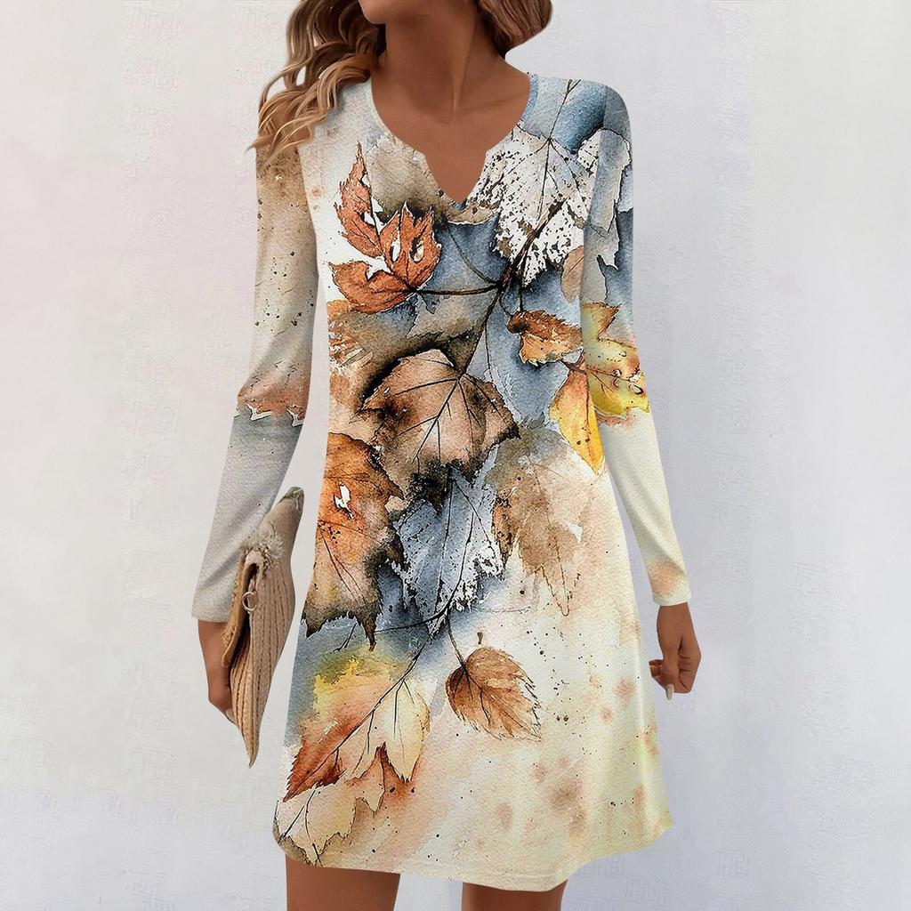 Women's Long-sleeved Casual Midi Dresses V-Neck Print Casual Dress