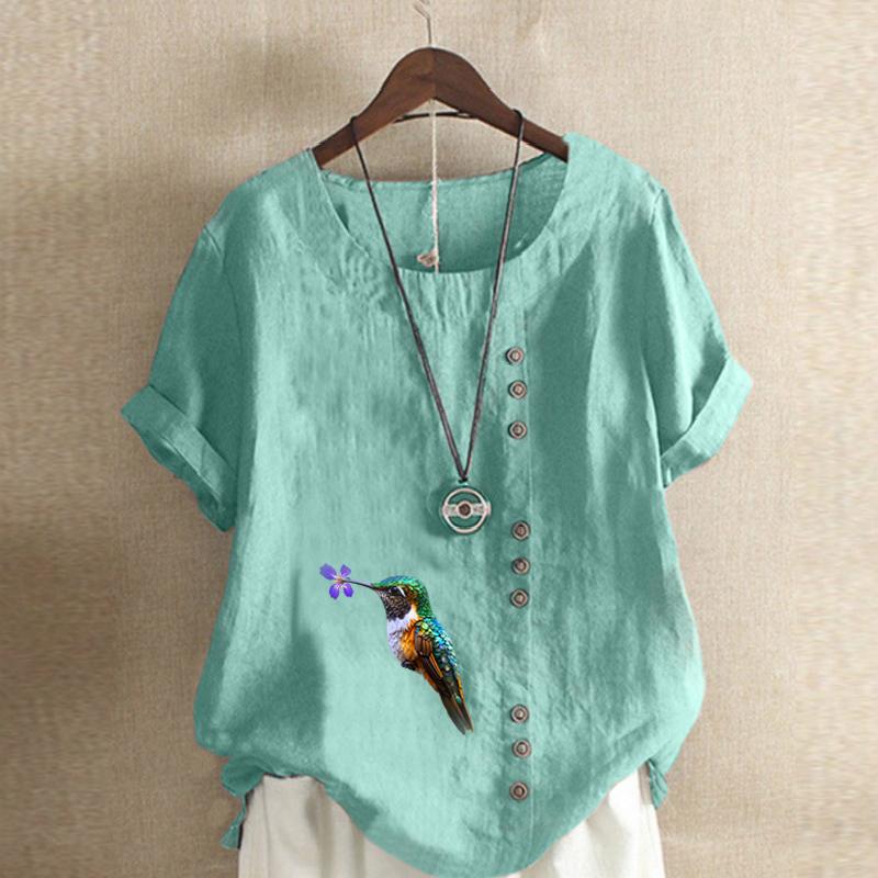 Women's Fashion Bird Prined Round Neck Short Sleeve T-shirt Casual Cotton Linen Graphic Shirt Leisure Loose Summer Blouse Tops