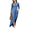Elegant and Fashionable Long-sleeved Lapel Solid Color Long Denim Dress
