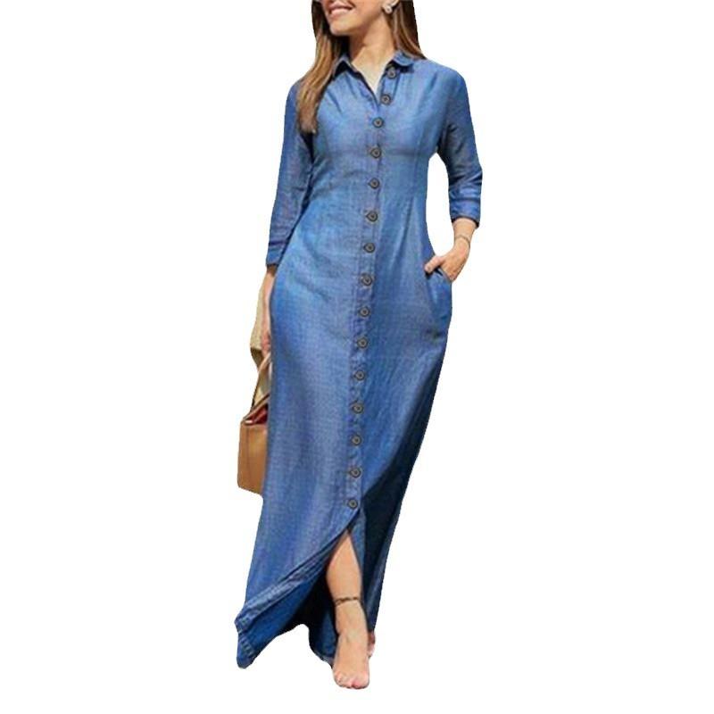 Elegant and Fashionable Long-sleeved Lapel Solid Color Long Denim Dress