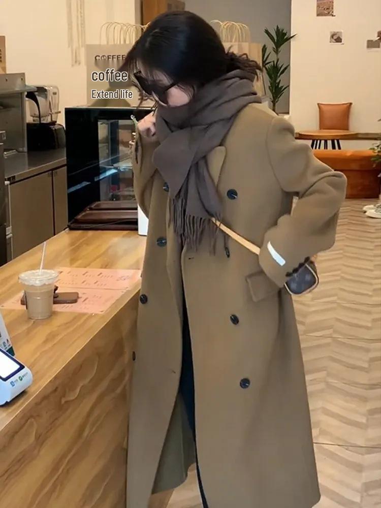 Женское пальто из верблюжьей шерсти 2023 - средней длины, в корейском стиле, свободного кроя, с длинными рукавами, трендовое для осени и зимы