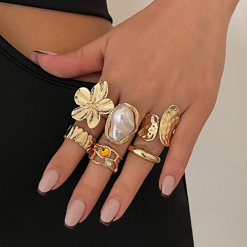 New Unique Design Liquid State Lava Flower Open Mouth Rings for Wonen Baroque Pearl Combination Ring Six-Piece Rings Set Jewelry